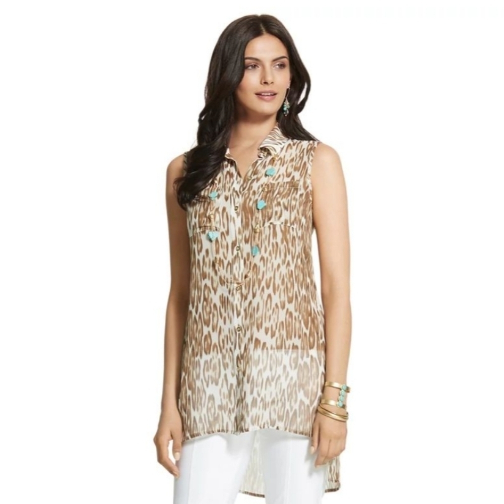 Chico's Sheer Bevin Leopard Print Button Front Tank Size Small